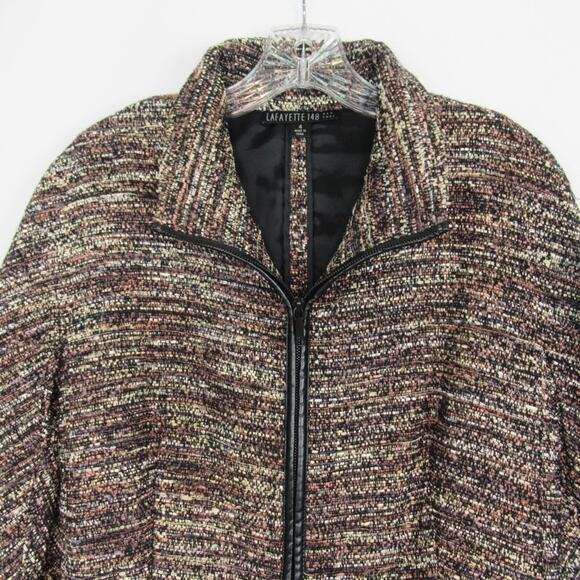 LAFAYETTE 148 NY Brown Tweed Zip Front Evening Jacket Faux Leather Trim Size 4 - Picture 3 of 12